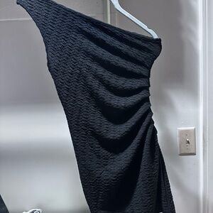 SHEIN Black One-Shoulder Ruched Textured Dress